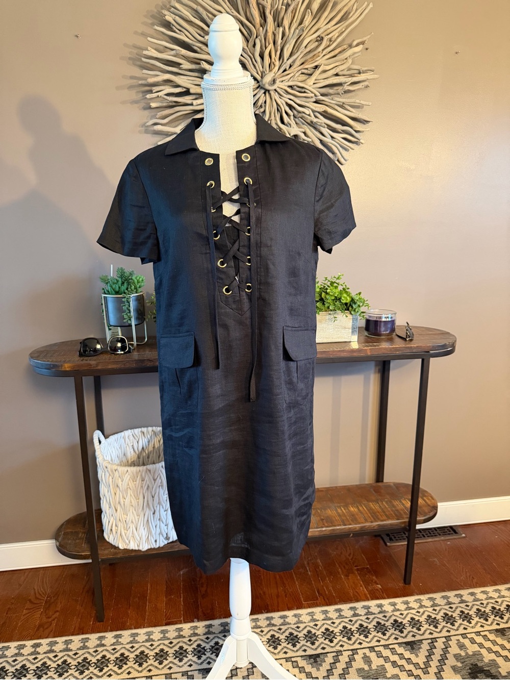 Cremieux Linen Shirt Dress in‎ Black with Gold Grommets